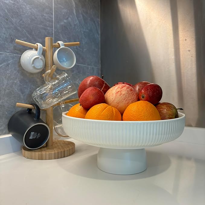 Ceramic Fruit Bowl,11" Decorative Bowl, Large Fruit Bowl for Kitchen Counter, Pedestal Bowl, Kitchen Counter Décor, Bread Candy Snacks Organizer, White (5.3 lbs, 68oz)