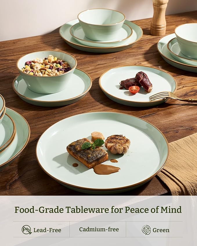 Famiware Saturn Stoneware Dinnerware Sets for 8 (24 Pieces), Ceramic Plates and Bowls Dish Sets with Hand-Painted Trim - Chip & Scratch Resistant, Microwave & Dishwasher Safe Tableware, Light Green