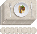 MOSAYT Placemats Set of 8, Heat Resistant Vinyl Place Mats with Coasters, Wipeable Washable 100% Waterproof Oil Proof Faux Leather Table Mats for Kitchen Dining Party Indoor Outdoor, 12" x 17", Beige