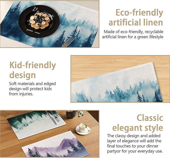 Misty Forest Placemats Set of 6, Rustic Mountain Linen Washable for Christmas, Thanksgiving, Party, and Daily Dining, Decorative Table Mats for 4-6 Person Table