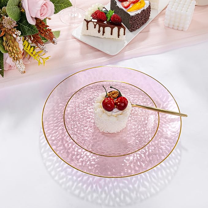 DaYammi 240Pcs Pink Plastic Plates Including 120Pcs Pink Dessert Plates and 120Pcs Gold Plastic Forks,Hammered Party Plate,pink and Gold Appetizer plates Heavy duty Disposable Cake Plate for Party
