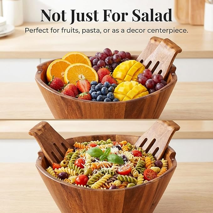 Night Tree Large wooden salad bowl with serving forks mixing, wood salad bowl set for food or fruits, magnetic utensils fit for 6–8 servings, ideal to family meals or as a unique gift