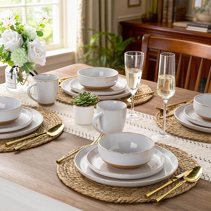 AmorArc 24 Pieces Ceramic Dinnerware Sets for 8, Handpainted Stoneware Plates and Bowls Set with Rustic Terracotta Underside, Scratch Resistant Dishes Set, Dishwasher & Microwave Safe, White