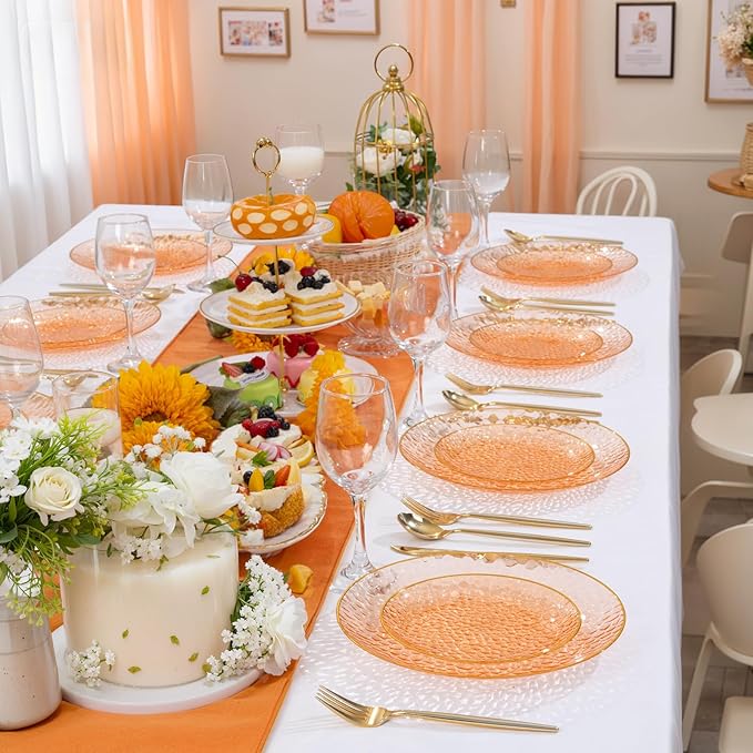 Rubtlamp 100 Pcs Clear Orange Gold Plastic Plates, Hammered Orange Party Plates,Heavy duty Dessert Plates,Disposable Salad/Dessert Platos,Clear Gold Plastic Platos 7 Inch For Thanksgiving,Halloween