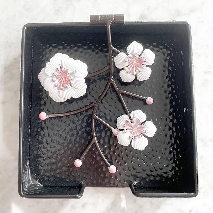 Black Flat Square Napkin Holder with White Pink Orchid Blooms | Orchid Flowers Metal Hinged Weighted Arm | Serviette Paper Hand Towel Storage Caddy Tray Organizer Dispenser | Home Restaurant
