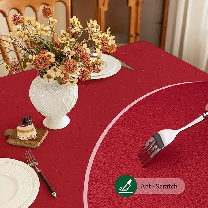 Winter Red Textured Fabric Tablecloth Rectangle Faux Linen Stain Resistant Table Cloth for 6 Foot Rectangular Table, Reusable for Dinig Party Holiday Decoration 60 x 84 Inch