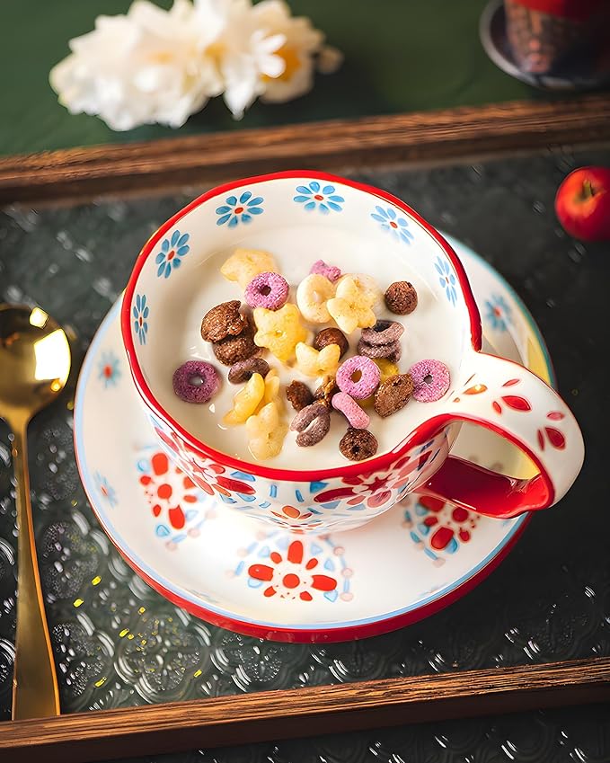 25oz Ceramic Soup Bowl with Handle – Handcrafted Floral Pottery Cereal & Ramen Bowl – Large Microwave & Dishwasher Safe Decorative Bowl for Everyday Use or Gift (Crimson Frost, 20oz)