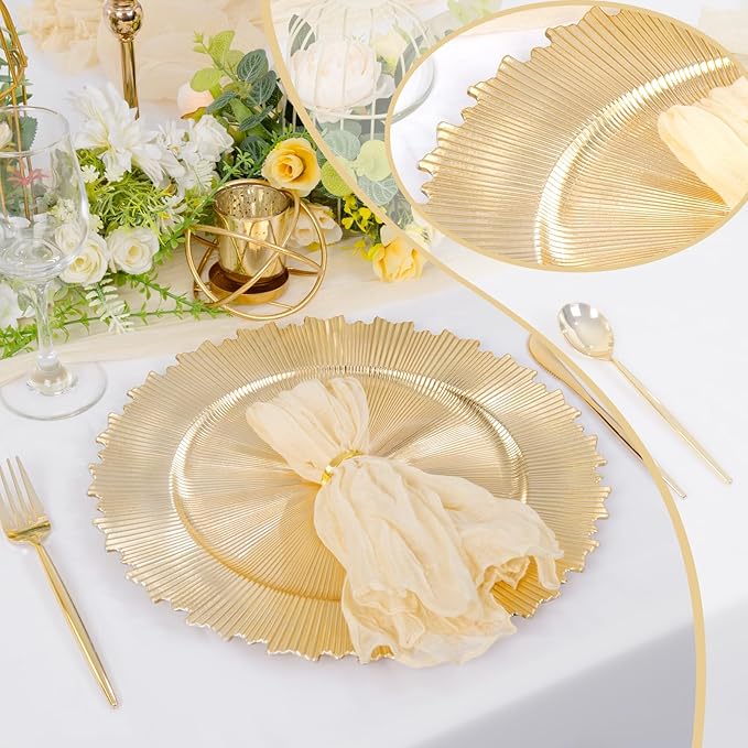 LIYH 8 Pcs Gold Chargers Plates 13 Inch - Gold Chargers for Dinner Plates, Irregular Design Heavy-Duty Plate Charger Bulk, Suitable for Wedding & Party- Stackable