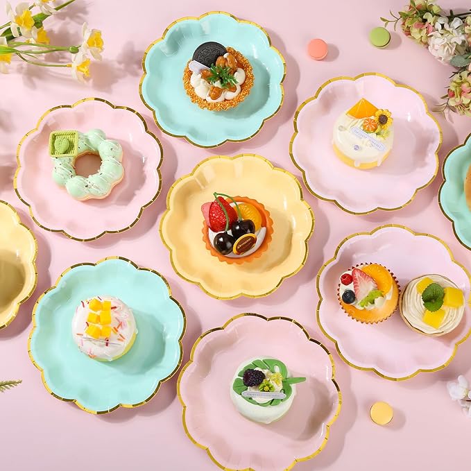 24 Pcs Pastel Scalloped Paper Plates 7 Inch Disposable Macaron Colorful Dessert Plates with Gold Edge Gradient Rainbow Party Supplies for Wedding Birthday Baby Shower Bridal Summer Decorations