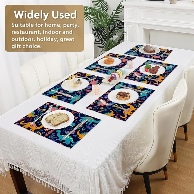 Dinosaurs Placemats Set of 6,12x18 Inch Table Mats for Colorful Dinosaurs Kitchen Table Washable Farmhouse Linen Table Mats Dining Decoration