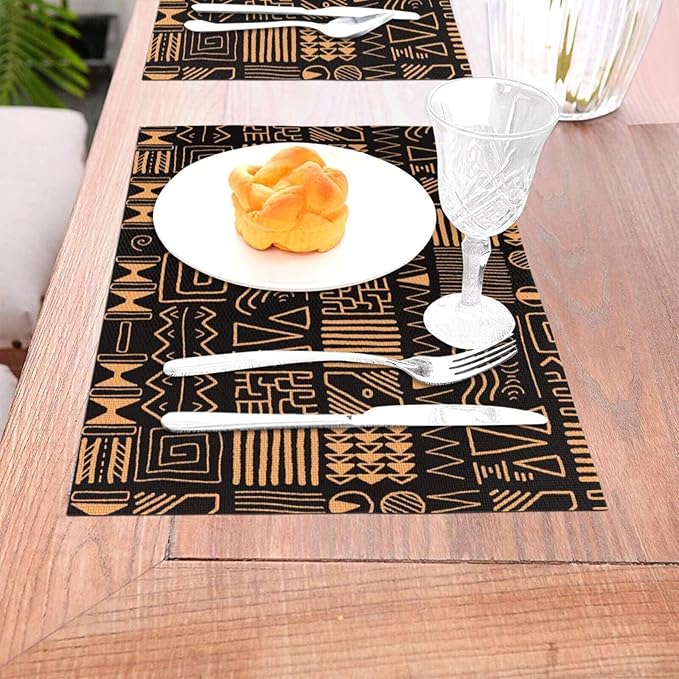 African Ethnic Pattern Placemats Set of 6 Abstract Tribal Art Wipeable Table Mats Reusable Washable PVC Rectangle Place Mats for Kitchen Dining Home Decor 12x18 Inches