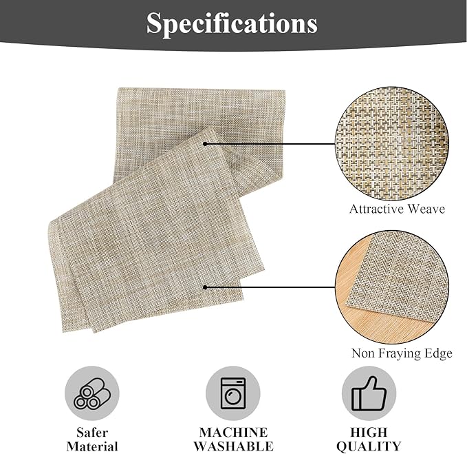 SHACOS Woven Vinyl Table Runners 12 x 54 inch Wipeable Table Runner Heat Resistant Runner for Table Indoor Outdoor, Beige