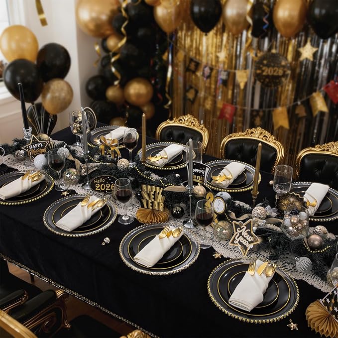 WDF 300PCS Black and Gold Plates - Black Plastic Plates for Party - 50guest Disposable Dinnerware Sets for Party/Wedding/New Year