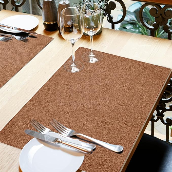 Cloth Placemats Set of 6, Cotton Linen Blend Machine Washable Double Layered Place Mats, Heat Resistant Placemats Wrinkle Free Thick Fabric Dining Table Mats for Indoors & Outdoors (Flaxen, 6)
