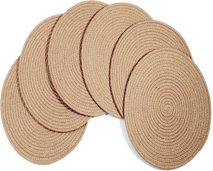 Jute Woven Placemats Set of 6, Round Braided Tablemats 13.8 inch Natural Jute Plat Chargers Handmade Woven Placemats Heat Resistant Non-Slip Potholder for Table Decoration
