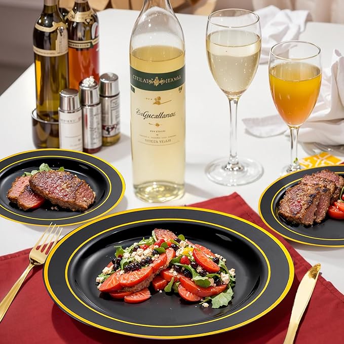 bUCLA 300PCS Black and Gold Disposable Dinnerware Set - 50 Guests Black Plastic Plates with Gold Rim Include 50 Dinner / 50 Dessert Plates, 50 Forks,50 Knives,50 Spoons&50 Cups for Party&New Year
