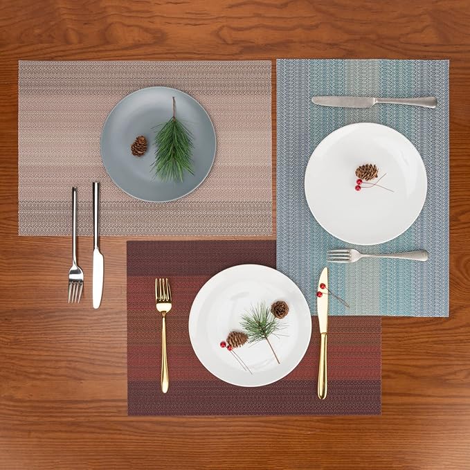 Winknowl Placemats Set of 8, Washable Vinyl Woven Placemats, Heat Resistant & Wipeable Table Mats for Kitchen Dining Table (Pink Gold)