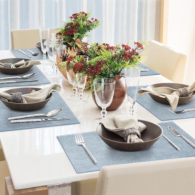 Faux Leather Placemats Set of 4 Washable PU Table mats for Kitchen Table - Heat Resistant, Waterproof, Easy Clean, Anti Slip 11.8" x 17" (Light Blue-4 Pack)