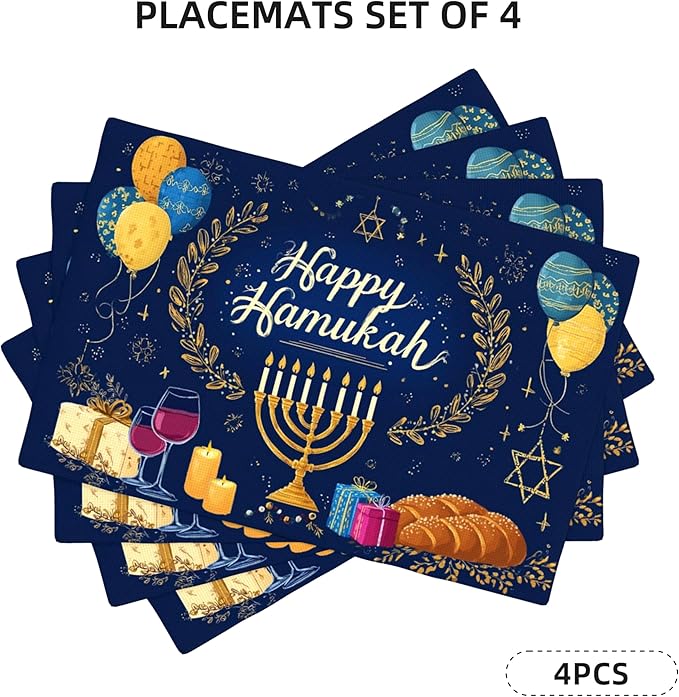 Hanukkah Placemats Set of 4 Washable Table Place Mats for Dining Kitchen Party Decor