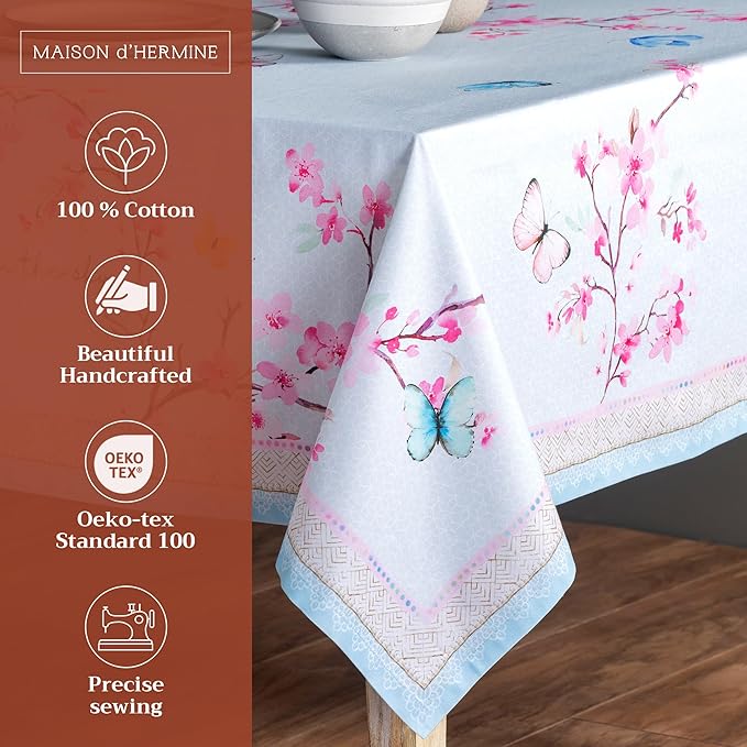 Maison d' Hermine Table Cloth Rectangle Table 100% Cotton 70 x 108 Inches Tablecloth Reusable Decorative for Dining Room Farmhouse Home Valentines Day Decorations Spring Summer - Blossoms in Spring