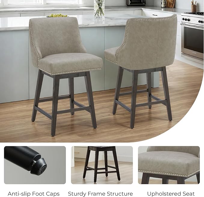 CHITA Counter Height Swivel Bar Stools, FSC Certified Upholstered Counter Stools, Modern Swivel Barstools with Wood Legs for Kitchen Island, 26" Seat Height, Faux Leather in Stone Grey