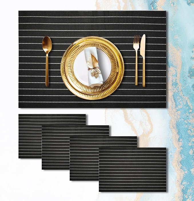 Placemats Set of 4 Vinyl Washable Black White Placemats, 18"x12" Wipeable Heat-Resistant Non-Slip Easy Clean Table Mats Ideal for Dining Table Table Runner and Outdoor (4, Black White Stripe Black)