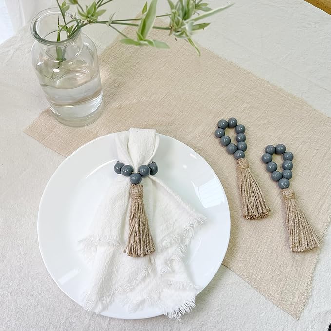 Napkin Rings Set of 12,Wooden Napkin Rings,Wood Bead Elastic Farmhouse Napkin Holder with Tassel,Boho Napkin Ring for Table Decor,Weeding,Dinner,Party (Dark Gray)