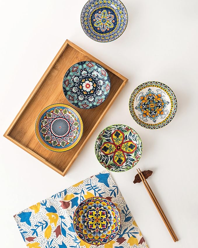 10 OZ Small Snack Bowls/Dishes Set of 6 - Ceramic Colorful Bowls for Side Dishes, Ice Cream, Dessert, Appetizers, Dips and Sauces, Dishwasher & Microwave Safe - Bohemian Style