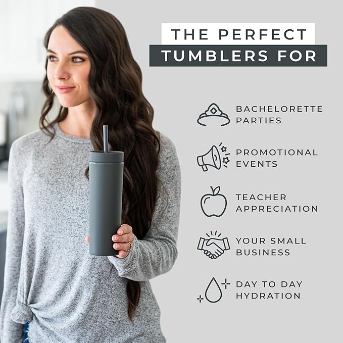 SKINNY TUMBLERS Matte Pastel Colored Acrylic Tumblers with Lids and Straws (4 pack) | 16oz Double Wall Plastic Tumblers With FREE Straw Cleaner! Reusable Cup With Straw | Vinyl DIY Gifts (Black)