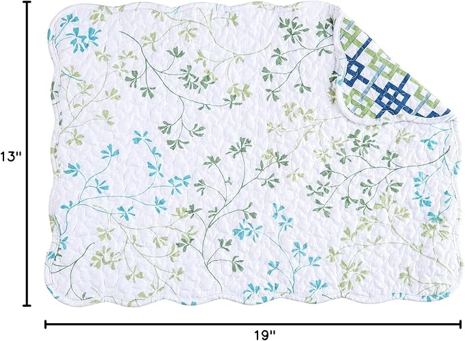 C&F Home Olivia Blue and White Floral Cotton Quilted Reversible Machine Washable Vintage Design Placemat Set 6 Scalloped Edges for Kitchen or Dining Table Rectangular Placemat Set of 6 White