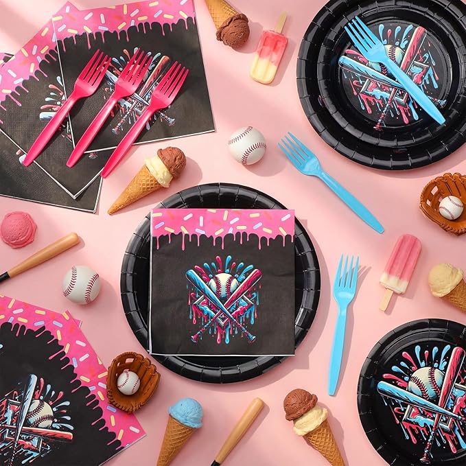 Yungyan 24 Sets Ice Cream Drip Baseball Party Supplies Disposable Ice-cream Drip Baseball Paper Plates and Napkins Forks Summer Sports Party Baby Shower Decoration Tableware Dinnerware for Women Men