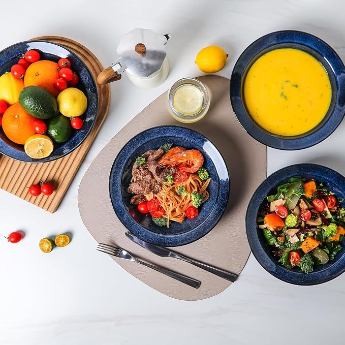 vicrays Wide Rim Soup Bowls - 27oz Ceramic Pasta Plates Bowl Set of 4 for Gumbo Salad Spaghetti Dipping Bread Dishes Home Restaurant Use - Microwave Dishwasher Oven Safe - Blue