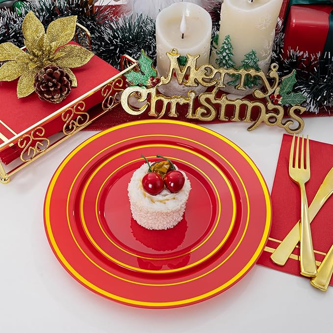 NOCCUR 200PCS Red Plastic Plates for 100 Guests - Include 100PCS 10" Dinner/ 100PCS 7" Dessert Plastic Plates Heavy Duty - Ideal for Wedding/Party/Valentines Day