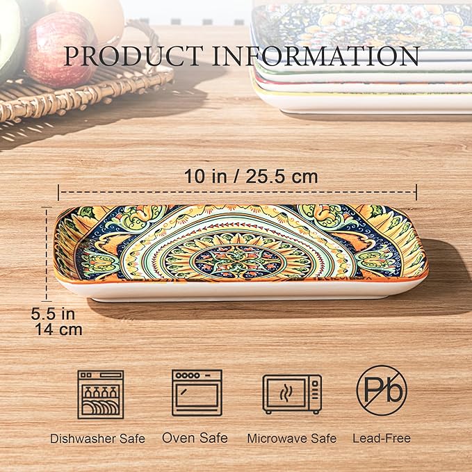 Henten Home Porcelain 10 Inch Dinner Plates, Ceramic Rectangular Salad Plate Set of 6, Bohemian Serving Dishes for Sushi, Pasta, Appetizer, Microwave & Dishwasher Safe