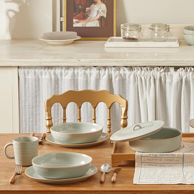 Bico Light Sage Green 45oz Stoneware Pasta Bowls Set, Set of 4, Microwave and Dishwasher Safe, for Spaghetti, Pasta, Soup