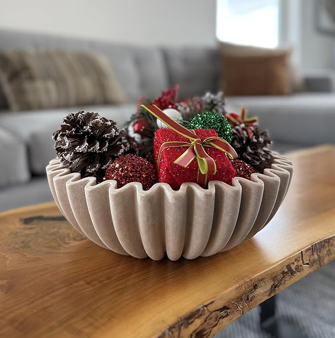 12" Extra Large Decorative Bowl – Decorative Fruit Bowl for Kitchen Counter, Modern Handmade Bowls for Home Decor, Ruffle Decor, Stylish Key Bowl for Entryway Table, Beige Artificial Stone