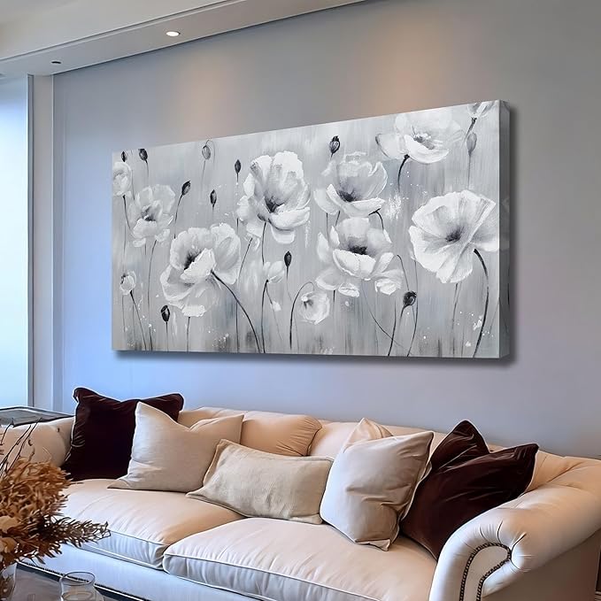 Belmrxne Floral Wall Art Grey and White Wall Decor Aesthetic Canvas Painting Unique Artwork for Living Room Bedroom Dining Room kitchen Office 24x48 Inches