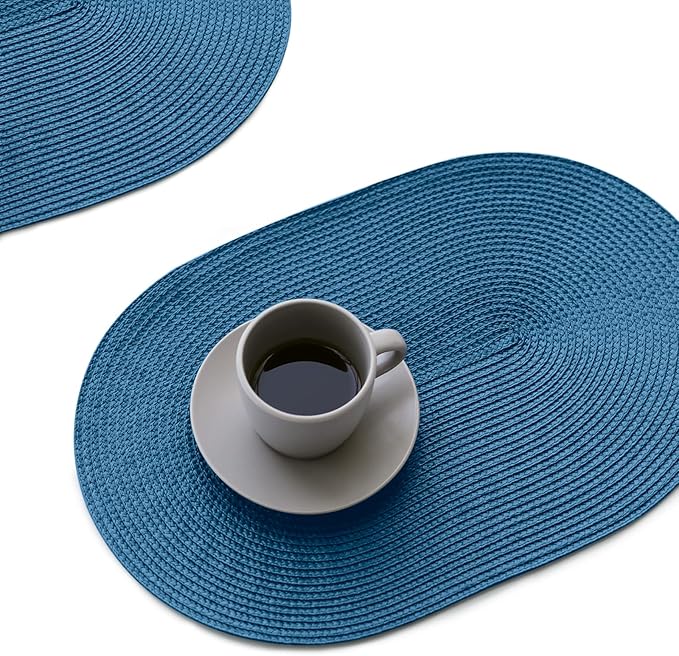 FunWheat Oval Braided Placemats Set of 8 Table Mats for Dining Tables Washable Heat Resistant Place Mats for Indoor Outdoor Use 12 x18 Inch(Oval Blue, 8pcs)