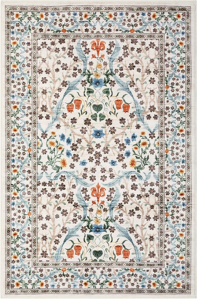 GarveeHome Floral 3x5 Area Rugs for Entryway, Washable Kitchen Rug Non Slip, Low Pile Bedroom Rug, Ultra Soft Stain Resistant Small Carpet for Laundry Room, Beige
