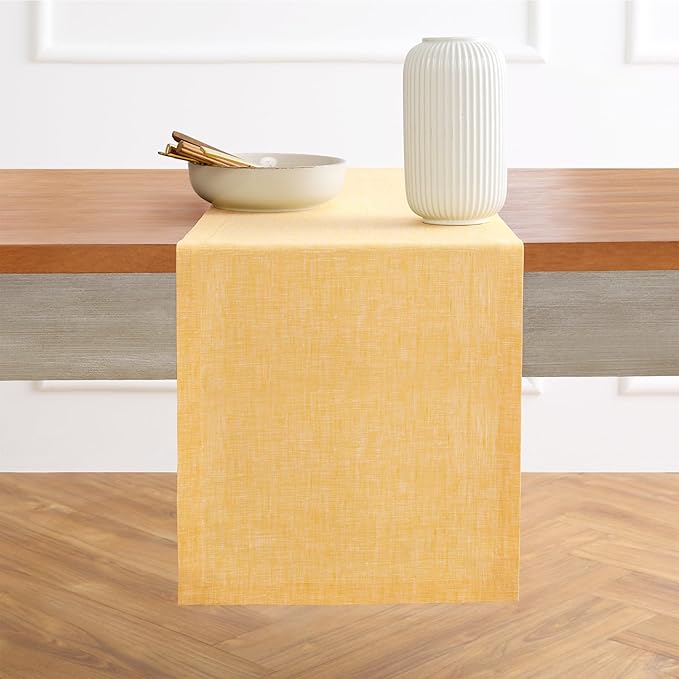 Solino Home Linen Table Runner 90 Inches Long - Athena, 100% Pure Linen Chambray Mustard Yellow Table Runner 14 x 90 Inch for Dining, Spring, Easter