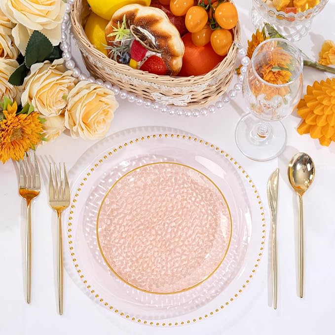Rubtlamp 100 Pcs Clear Orange Gold Plastic Plates, Hammered Orange Party Plates,Heavy duty Dessert Plates,Disposable Salad/Dessert Platos,Clear Gold Plastic Platos 7 Inch For Thanksgiving,Halloween