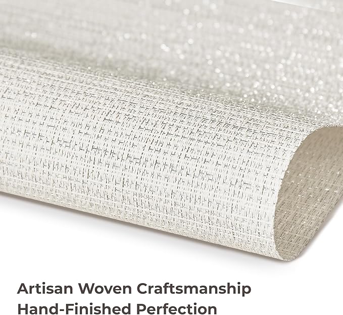 Leetaltree Luxury White and Silver Woven Placemats Set of 12 - Waterproof Washable Textured Table Mats for Wedding, Anniversary, Daily Use - Sparkling Metallic Thread Table Decor - Hand-Cut