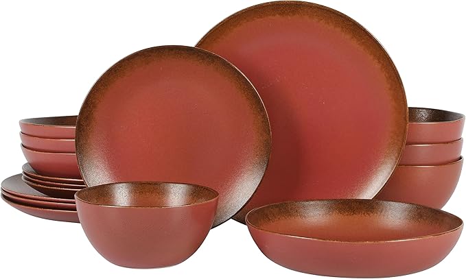 Bloomhouse - Two Time Oprah's Favorite Things Winner - Palermo Sun Double Bowl Stoneware Reactive Glaze Plates and Bowls Dinnerware Set - Paprika Red, Service for Four (16pcs)