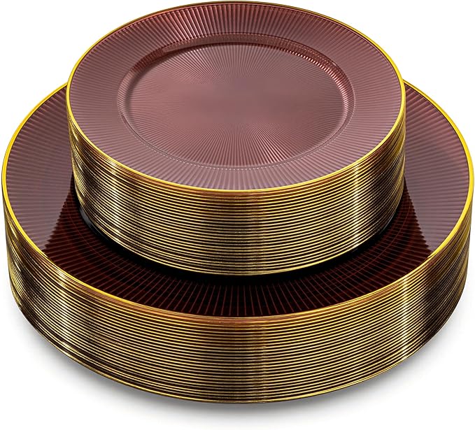 Hioasis 60pcs Burgundy and Gold Plastic Plates - Burgundy Disposable Dinnerware Set, 30pcs Dinner 10.25in & 30pcs Dessert 7.5in Plates with Striped Designs for Party & Wedding