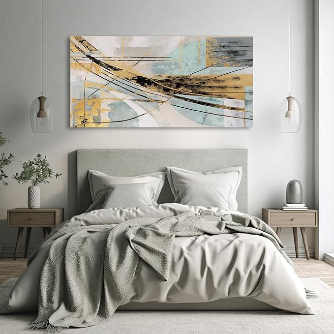 Abstract Wall Art Framed Wall Decor Modern Canvas Abstract Wall Art Black-Gold and Blue Grey Abstract Artwork for Living Room Bedroom Dining Room Home Office Decor 29"x58"