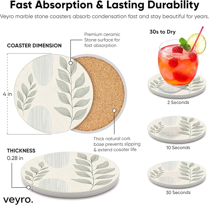 VEYRO Ceramic Coasters Set of 4 – Absorbent Stone Drink Coasters with Holder, Non-Slip Cork Backing, Modern Marble Look Coasters for Coffee Table, Desk & Home Decor