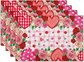 Red Rose Love Heart Polka Dots Stripe Placemat Set of 4,12x18 Inch Romantic Vintage Floral Farmhouse Holiday Wedding Anniversary Table Mats for Party Kitchen Dining Decoration