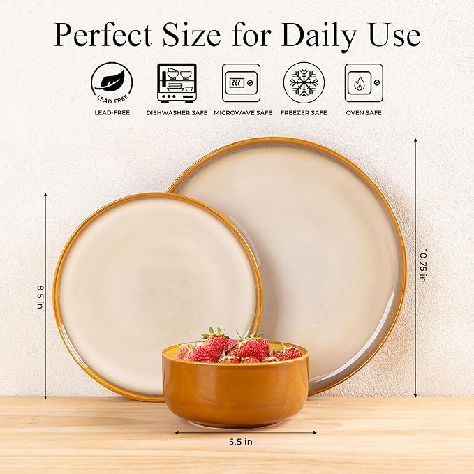 LeRatio Ceramic Dinnerware Sets for 4,Porcelain Plates and Bowls Sets, Reactive Glaze Dishes Set,Chip Resistant and Scratch Resistant | Oven&Dishwasher & Microwave Safe,Service for 4-Kahki &Black