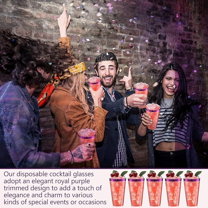 Patelai 100 Pcs 16oz Plastic Cups Disposable Rimmed Cups Heavy Duty Drinking Wine Glasses for Christmas Winter Birthday Beer Taste Serving Snack Sample Tastings Barbecues Picnic(Purple)