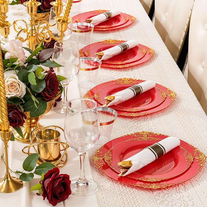 Nervure 100PCS Red and Gold Plastic Plates - 10.25inch Red Disposable Plates - Heavyweight Dinner Plate for Wedding & Party